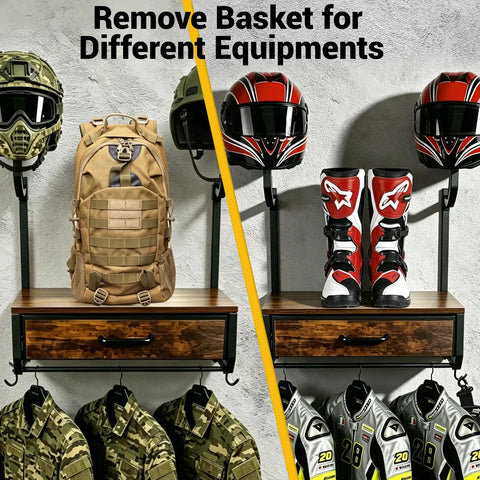 Heavy Duty Wall Mounted Helmet Rack With 4 Hanging Hooks, Drawer And Mesh Basket holding helmets, gear, and jackets, durable black