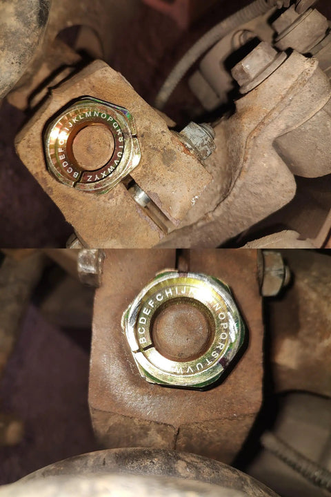 Front Alignment Camber Caster Bushing Kit For Ford F Series Trucks And E Series Vans Two Piece Adjustable Set Lets You Dial In Minus Four To Plus Four Degrees On 2WD F150 F250 F350 Super Duty Ranger installed on rusted front suspension