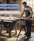 Man using Folding Beefy Roller Stand Heavy Duty Steel Support With 60Kg Load Capacity Portable Infeed Outfeed Roller For Table Saw Planer Woodworking And Workshop In One Pack Easy Setup And Adjustable Height For Versatile Shop Use next to table saw in workshop.