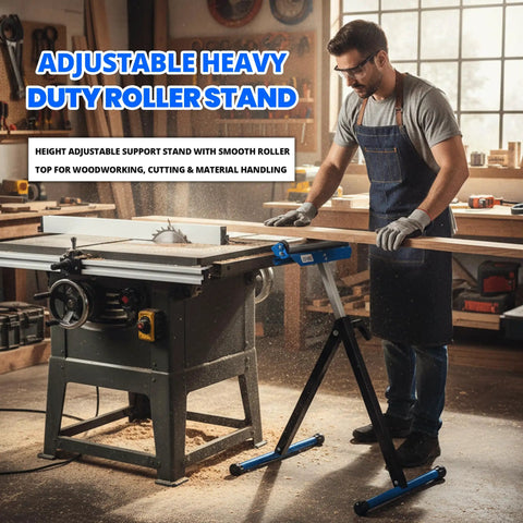 Man using Folding Beefy Roller Stand Heavy Duty Steel Support With 60Kg Load Capacity Portable Infeed Outfeed Roller For Table Saw Planer Woodworking And Workshop In One Pack Easy Setup And Adjustable Height For Versatile Shop Use next to table saw in workshop.