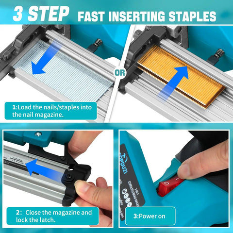 Loading nails into nail magazine for Zero Fuss 21V Cordless Nail Gun With Two 4.0Ah Batteries 18 Gauge 2 In 1 Electric Brad Nailer.
