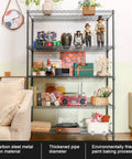 5 Tier Heavy Duty Steel Storage Racks And Shelving Unit For Kitchen Pantry And Warehouse Use, 48 Inch Long By 20 Inch Wide By 72 Inch High, Each Wire Shelf Supports 350 Pounds, Rust Resistant Powder Coat Finish. 5-tier steel shelving unit in a bedroom