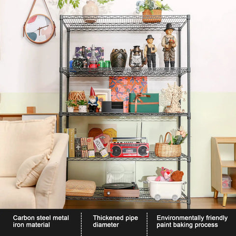 5 Tier Heavy Duty Steel Storage Racks And Shelving Unit For Kitchen Pantry And Warehouse Use, 48 Inch Long By 20 Inch Wide By 72 Inch High, Each Wire Shelf Supports 350 Pounds, Rust Resistant Powder Coat Finish. 5-tier steel shelving unit in a bedroom
