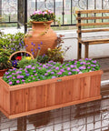 Raised Garden Bed Planter Box Window Mounted For Windowsill And Backyard Wooden Planting Box For Flowers And Veggies Durable Fir Wood With Drainage Holes Large 40 By 13 By 12 Inches shown filled with purple flowers on patio