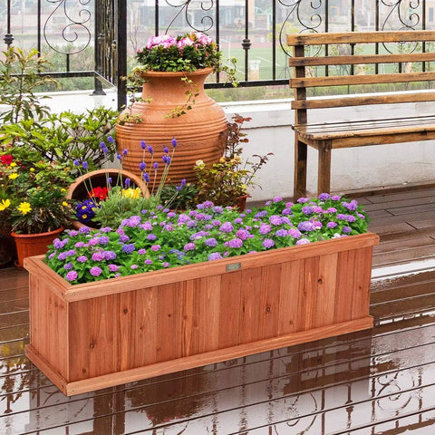 Raised Garden Bed Planter Box Window Mounted For Windowsill And Backyard Wooden Planting Box For Flowers And Veggies Durable Fir Wood With Drainage Holes Large 40 By 13 By 12 Inches shown filled with purple flowers on patio