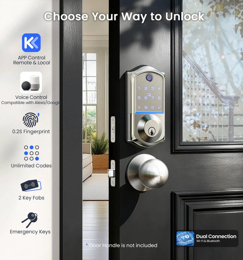Satin Nickel WiFi Smart Keyless Entry Lock For Front Door Featuring Fingerprint And Password Access Mobile App Control For No Sweat Remote Access And Straight Up Knockout Home Protection
