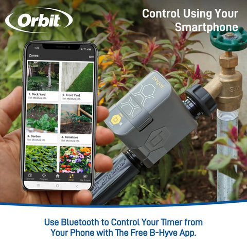 Person using smartphone to control Gen 2 Smart Hose Watering Timer For Garden Hose With No Fuss Set It And Forget It Auto Watering.
