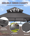 8x8 Heavy Duty Steel Frame Grill Gazebo With Double Tier Canopy Shelves Ceiling Hooks And Ground Stakes Waterproof UV Proof Outdoor Patio Tent For BBQ Backyard Gray featuring double tier canopy and airflow vents.