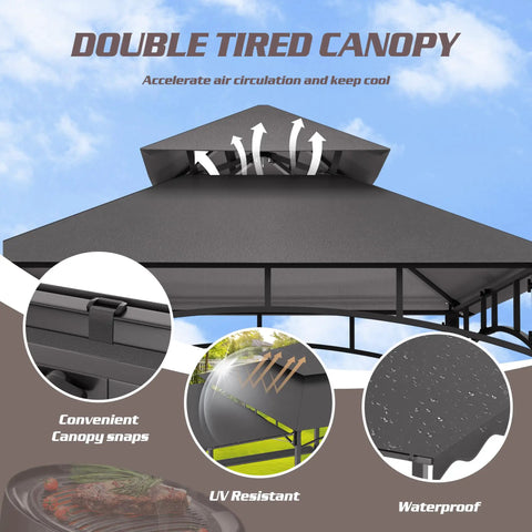 8x8 Heavy Duty Steel Frame Grill Gazebo With Double Tier Canopy Shelves Ceiling Hooks And Ground Stakes Waterproof UV Proof Outdoor Patio Tent For BBQ Backyard Gray featuring double tier canopy and airflow vents.