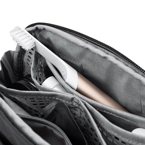 Close-up of Small Wash Pouch Travel Toiletry Bag Weatherproof With Upright Or Hanging Design, showing mesh pockets and magnetic toothbrush pocket.