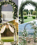 Collage of Sturdy Metal Garden Arch Trellis for Climbing Plants Outdoor 4.6 by 7.8 Ft Rustproof Coated Arbor with floral decor