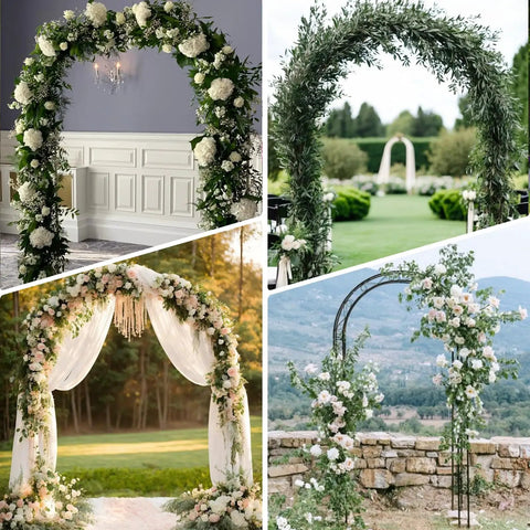 Collage of Sturdy Metal Garden Arch Trellis for Climbing Plants Outdoor 4.6 by 7.8 Ft Rustproof Coated Arbor with floral decor