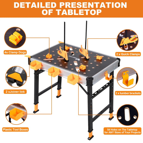 Beefed Up Folding Work Table With A Rock Solid One Thousand Pound Load Rating And Five Step Height Tweaks Featuring A Full Docking Grid showing tabletop with clamps, dogs, and tool storage.