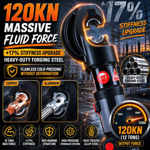 Heavy Duty 12 Ton Electric Hydraulic Cable Crimping Tool Kit With Dual 18V Cordless Batteries, 120KN fluid force and heavy-duty forging steel.