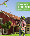 Man using Cordless 24V Polesaw And Hedge Trimmer Combo Kit With 8 Inch Polesaw Bar to prune branches near a house