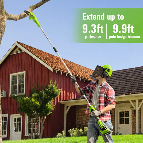 Man using Cordless 24V Polesaw And Hedge Trimmer Combo Kit With 8 Inch Polesaw Bar to prune branches near a house