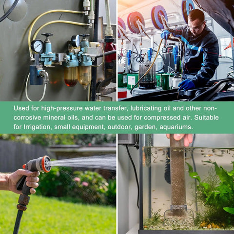 Collage showing uses of Fuel Line Hose 4mm ID 10mm OD 4.9ft Long NBR Rubber Heat Resistant High Pressure Oil Gas Line in various settings