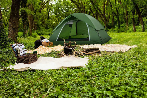 Lightweight Two Person Tent For Camping All Weather All Season With Easy Up Design And Waterproof Shelter in forest setting