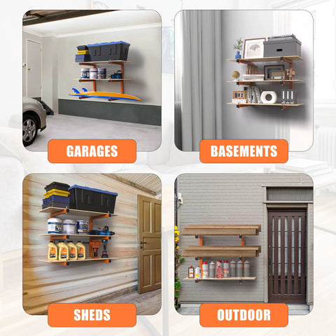 Wall Mounted Lumber Storage Rack With Six Tier System Heavy Duty Wood Organizer For Garage And Workshop 1320 Lb Capacity Built To Last Orange Metal Racks shown in various environments including garages, basements, sheds, and outdoors.