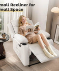 Compact Manual Recliner For Small Spaces With Adjustable Backrest, Cup Holders, Side Pockets in beige living room setting.