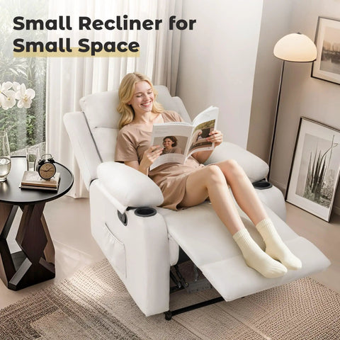 Compact Manual Recliner For Small Spaces With Adjustable Backrest, Cup Holders, Side Pockets in beige living room setting.