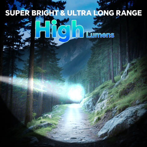 Ultra Bright LED Rechargeable Flashlights Two Pack With LCD Battery Display illuminating a forest path at night
