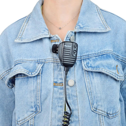 Round Knob Microphone Hanger Mount with Back Clip for CB Radios on denim jacket, Easy Access Mic Holder