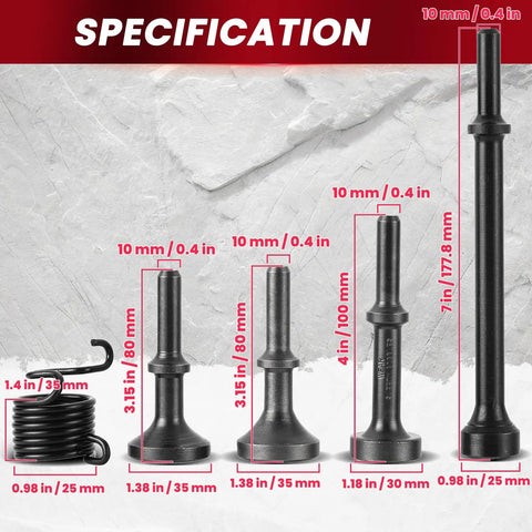 Five Piece Smoothing Air Hammer Bits Kit With 10mm Shank For Pneumatic Tools, showing sizes and specifications.