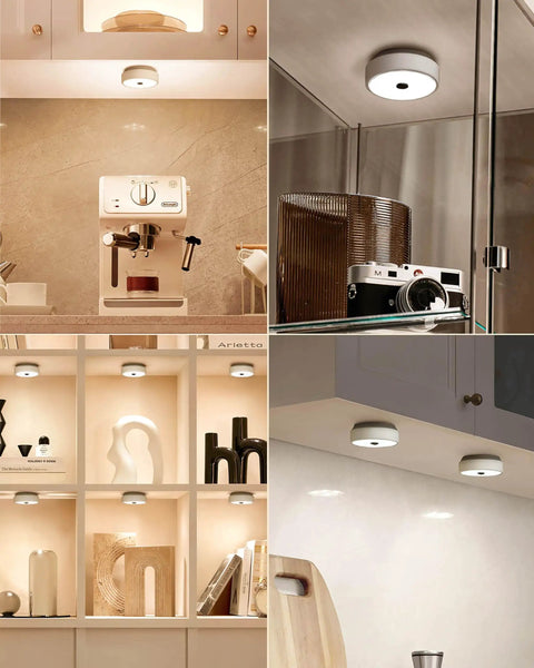 Under Cabinet Lights With Motion Sensor And 2 Color Temps Puck LEDs 1200mAh rechargeable illuminating kitchen and display areas.