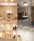 Rechargeable Puck Lights With Remote, Wireless LED Under Cabinet Lighting in kitchen, display shelves, and bathroom setup.