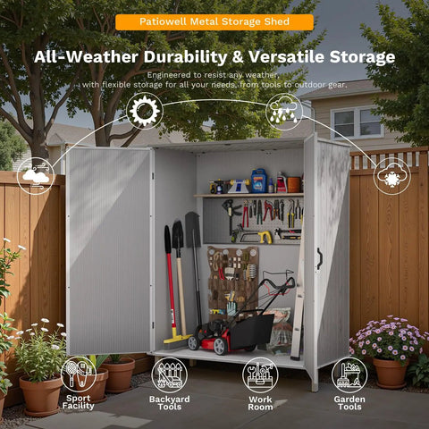 5 By 3 Ft Resin Outdoor Storage Shed With Floor Waterproof Plastic Cabinet Garden Organizer Shed With Lockable Door For Patio Furniture And Pool Accessories All Weather Light Gray open showing interior storage