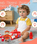 Toddler playing with Plush Firefighter Playset For Babies And Toddlers A 6 Piece Sensory Pretend Play Kit With Fire Truck Dalmatian Firefighter Dog Extinguisher Toy Perfect Infant Gift For Boys And Girls So Cute