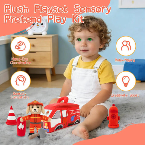 Toddler playing with Plush Firefighter Playset For Babies And Toddlers A 6 Piece Sensory Pretend Play Kit With Fire Truck Dalmatian Firefighter Dog Extinguisher Toy Perfect Infant Gift For Boys And Girls So Cute