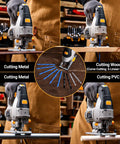 Heavy Hitting 6.7 Amp Corded Jigsaw slays through hardwood and steel, demonstrating various blade types for cutting wood and metal.