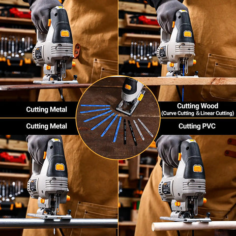 Heavy Hitting 6.7 Amp Corded Jigsaw slays through hardwood and steel, demonstrating various blade types for cutting wood and metal.