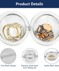 Top Shelf 304 Stainless Steel Ultrasonic Cleaner Baskets With Super Soft Lint Free Microfiber Cloths One Broad Two Slim Mesh Wash Caddies For Gleaming Jewelry And Everyday Gear, showing fine mesh baskets holding gold rings and chains.