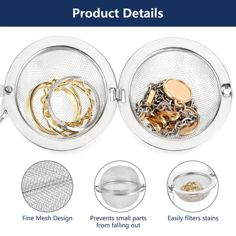 Top Shelf 304 Stainless Steel Ultrasonic Cleaner Baskets With Super Soft Lint Free Microfiber Cloths One Broad Two Slim Mesh Wash Caddies For Gleaming Jewelry And Everyday Gear, showing fine mesh baskets holding gold rings and chains.