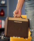 Loudbox Micro 40 Watt Acoustic Guitar Combo Amplifier Bundle With Gearlux XLR Cable Instrument Cable And Austin Bazaar Polishing Cloth For A Gig Ready Room Filling Stage Tone In A Compact Portable Package, held by a person, with dimensions 9.5" H, 10.4" W, 8.1" D