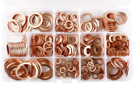 Dope Copper Washer Set with 12 Sizes and 300 Pcs in plastic organizer, flat seal washers for M5-M20 fasteners, ProGrade.