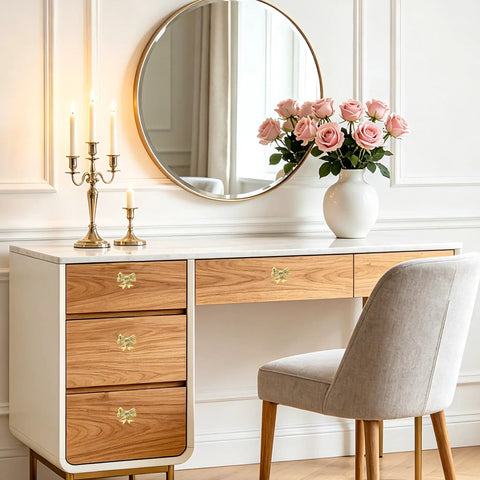 Dresser with 8 Pack Gold Bow Dresser Knobs Set For Cabinets And Drawers, Metal Decorative Handles, in modern bedroom setting
