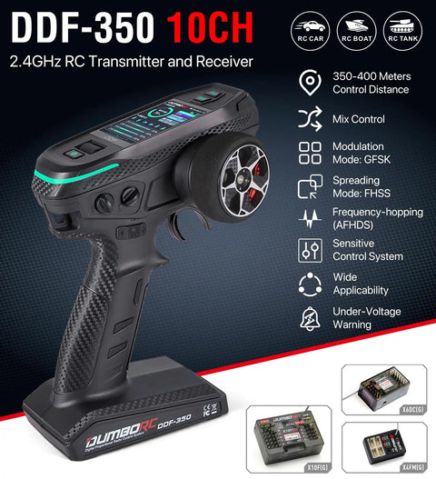10 Channel RC Transmitter And Receiver Kit With HD Color Screen And 12 Lights P10FG And P6DCG Receivers, side view display.