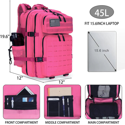 Beefy Military Tactical Backpack 45L With MOLLE Daypack shown in pink, fits 15.6-inch laptop, multiple compartments, hydration ready.