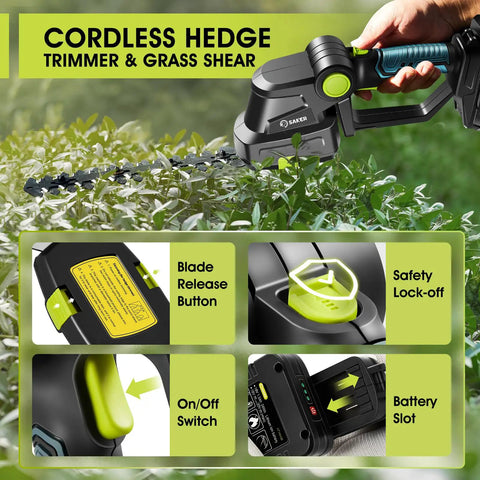 20V Cordless Hedge Trimmer With Long Blade For Hedges And Small Trees And Short Blade For Grass, Lightweight Handheld Garden Shears