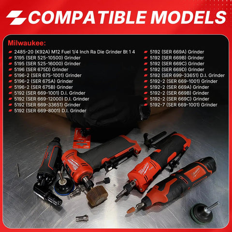 Self Releasing Collet And Locking Nut Assembly One Eighth Inch For Grinder Accessories Pro Grade Milwaukee M12 Compatible With 2485 20 2486 20 5192 5195 5196 Die Grinders shown with compatible models list.