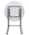 Folded Two Foot Round Folding Event Table White Plastic Banquet Table For Indoor Outdoor Use Party Ready