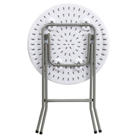 Folded Two Foot Round Folding Event Table White Plastic Banquet Table For Indoor Outdoor Use Party Ready