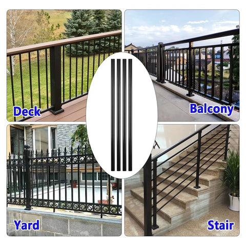 36 Inch Hollow Round Aluminum Deck Balusters Black Powder Coated For Weather Resistant Outdoor Railing Spindles in deck, balcony, yard, stair settings