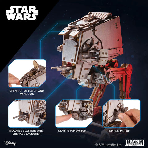 Wooden Star Wars AT ST Walker 3D Puzzle Featuring Smooth Shifting Gear System That Delivers Real Walking Motion Knockout DIY Brain Teaser And Straight Fire Collector Grade Hobby Kit with opening hatch, movable blasters.