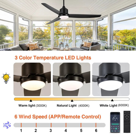 Waterproof Outdoor Ceiling Fan With Light 52 Inch With App And Remote Control Three Color LED Light Dope Quiet Energy Efficient DC Motor For Patio Gazebo Black Finish For Outdoor Living. Fan with light functionality shown.