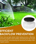 Sprinkler check valve (2-pack) with white plastic body and black cap; lawn irrigation sprinkler visible in background